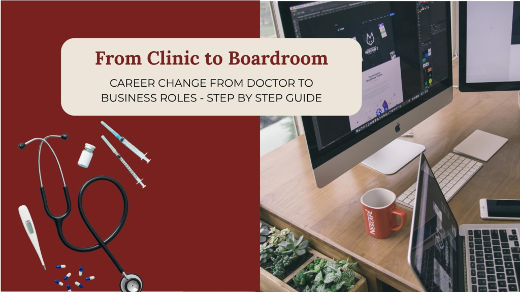 Split screen showing clinic tools on the left and a modern boardroom desk on the right, symbolizing a doctor to business career change.
