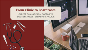 Split screen showing clinic tools on the left and a modern boardroom desk on the right, symbolizing a doctor to business career change.